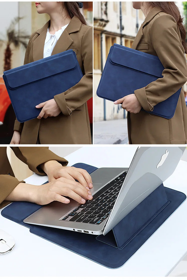 Brauner Leder-Laptop-Sleeve wird zum Schutz eines silbernen MacBooks verwendet.