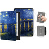 A dark blue and yellow patterned leather case for a Kindle Paperwhite tablet shown with various angles.