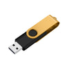 A gold-colored, rotatable USB flash drive with a black connector and metal housing.