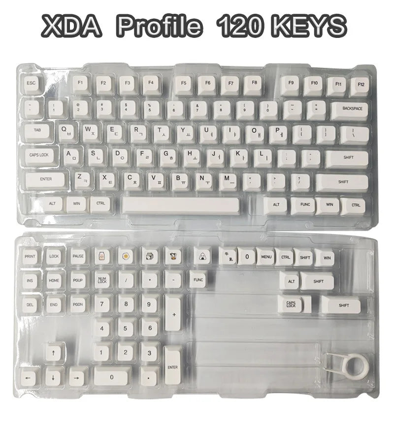 Ein Set von 120 XDA-Profil-Keycaps für eine mechanische Tastatur, verpackt in klarem Kunststoff.