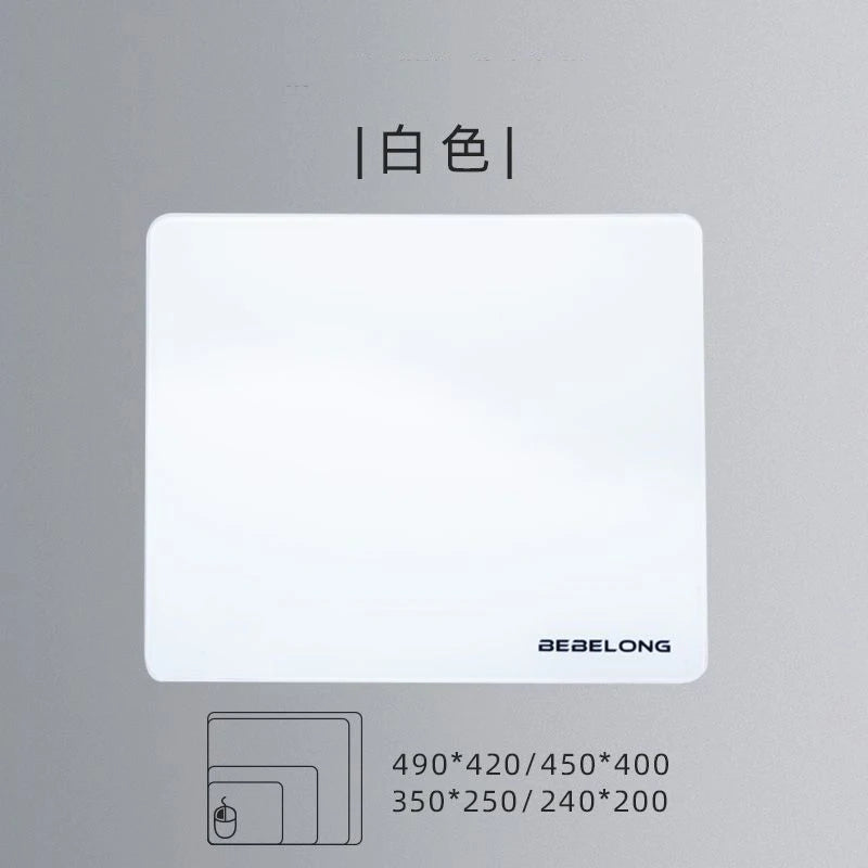 A white frosted glass anti-slip mouse mat with dimensions 490x420x450 and 350x250/240x200.