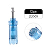 A clear blue Dr. Pen microneedling cartridge with a metal needle and a package indicating 12 pins and 20 pieces.