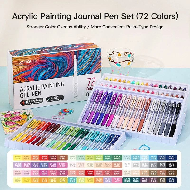 A box and set of 72 colored acrylic painting gel pens displayed for sale