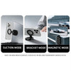 A phone holder mount shown in suction, bracket, and magnetic modes on a desk surface.