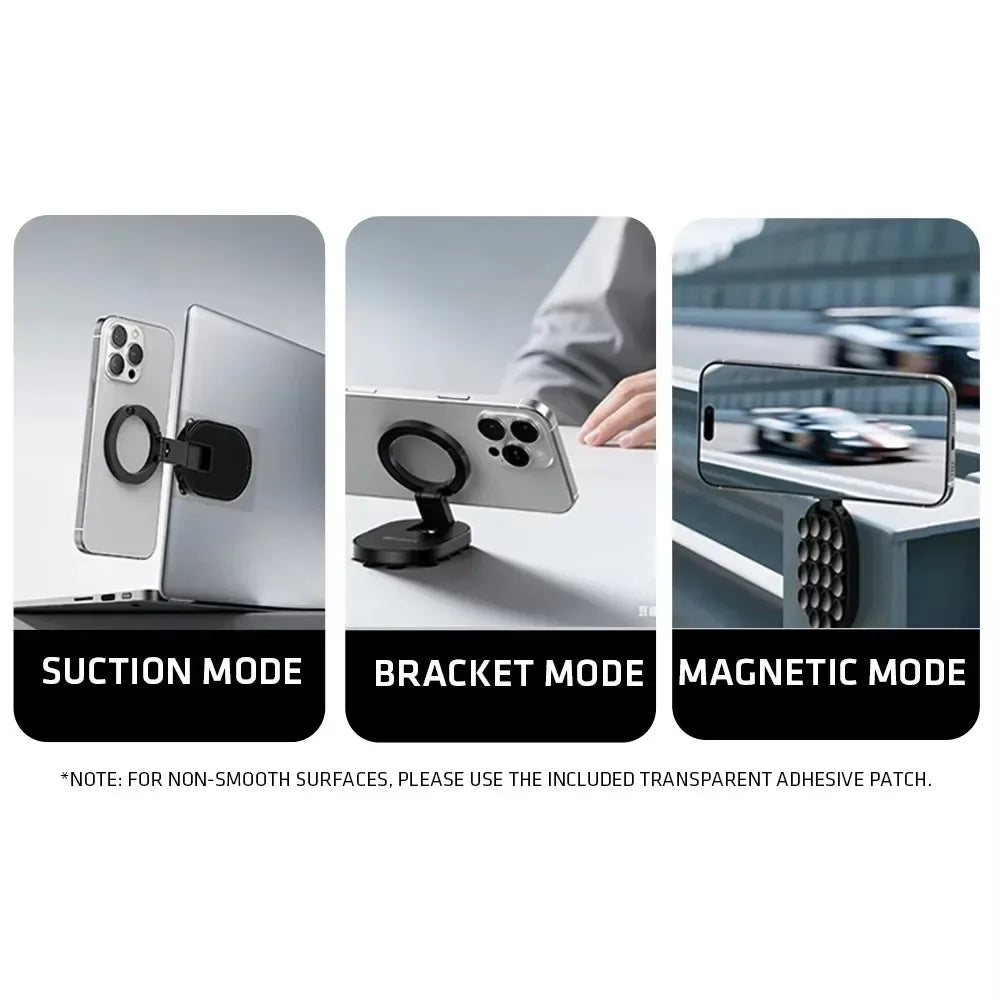 A phone holder mount shown in suction, bracket, and magnetic modes on a desk surface.