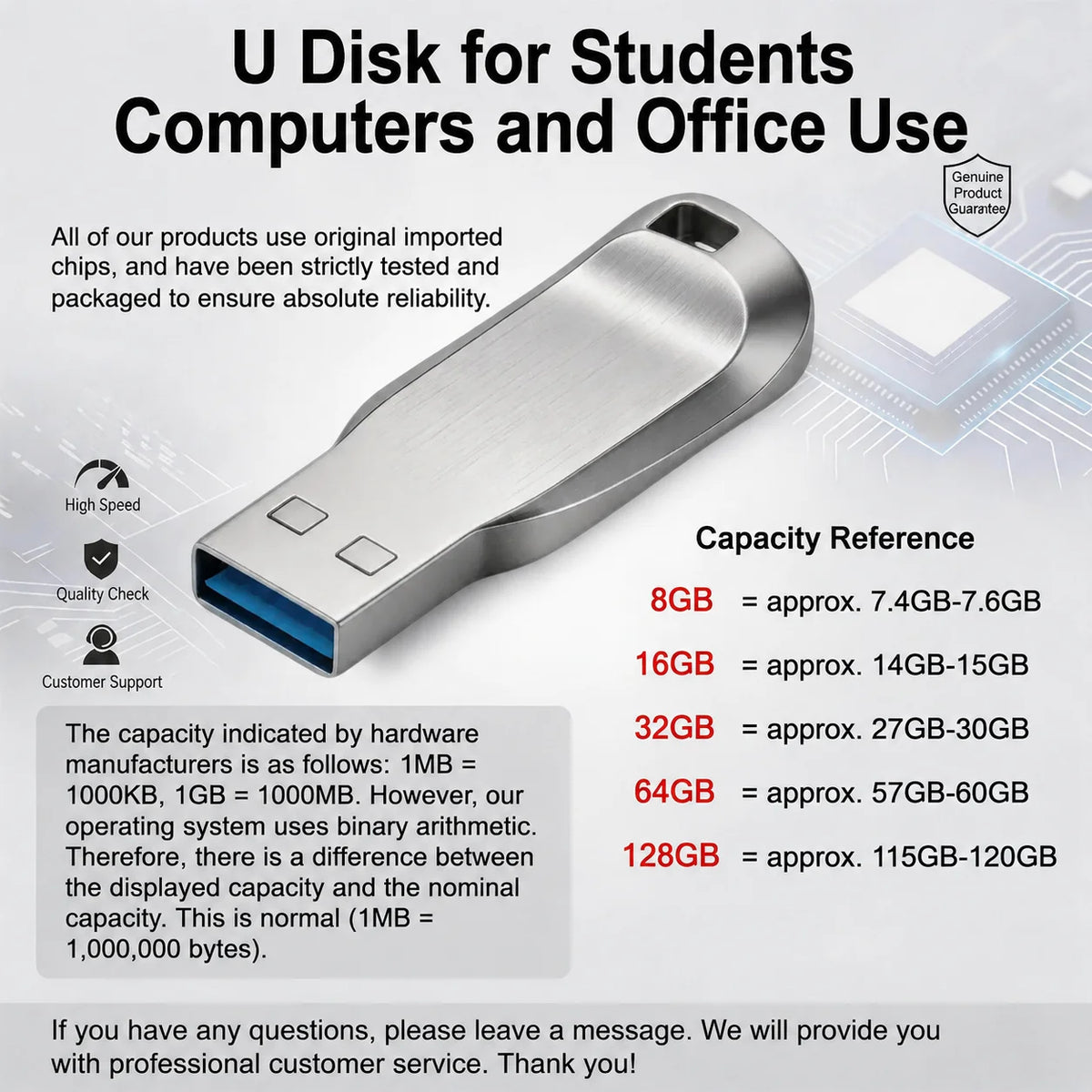 Silberner USB-Flash-Stick mit technischen Daten und Garantie-Badge