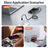 Various application scenarios showing a magnetic suction USB-C to USB-C charging cable used in home, car, and office settings