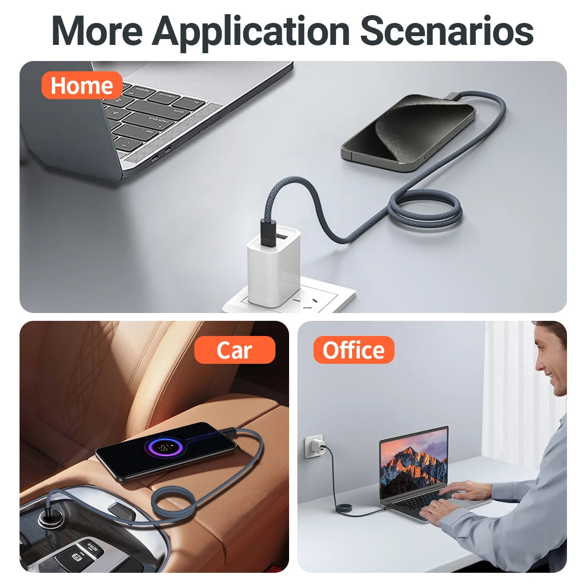 Various application scenarios showing a magnetic suction USB-C to USB-C charging cable used in home, car, and office settings