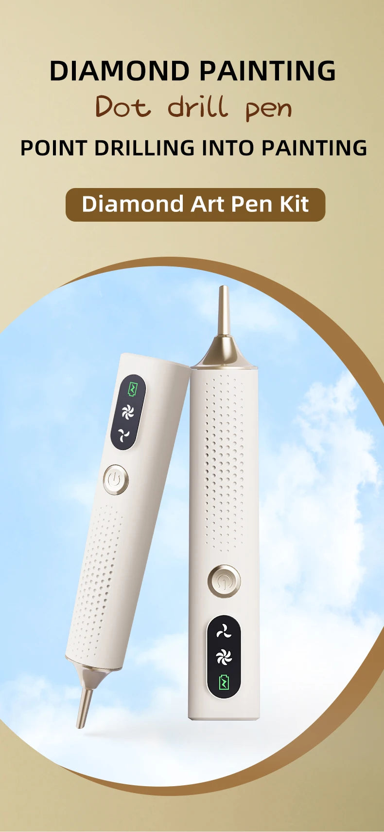 A pair of white electric diamond painting pens, a dot drill pen kit, shown against a light blue sky background.