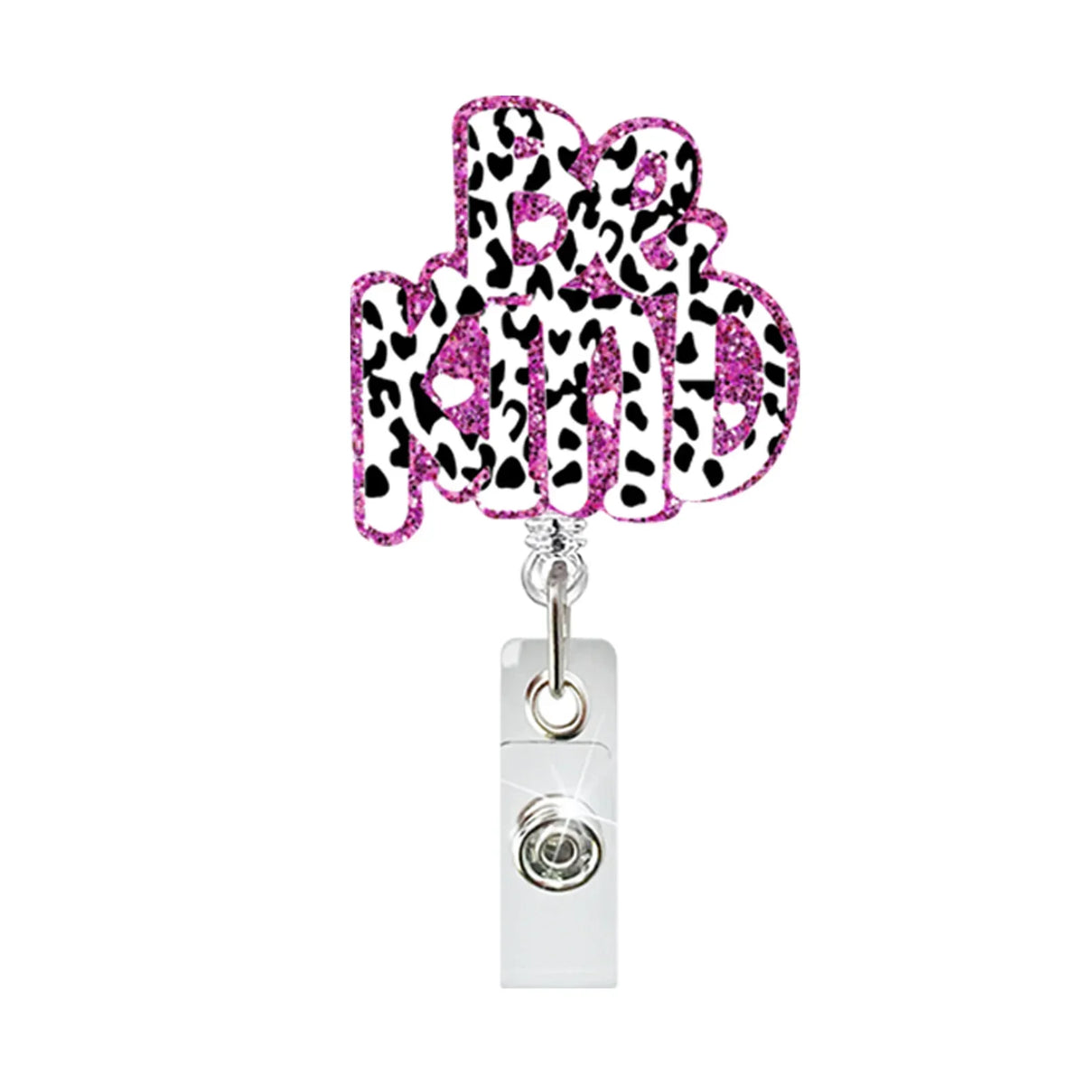 Pink leopard print acrylic badge holder with a silver clip.