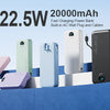 A row of various 20000mAh power banks in different colors, including pink, purple, green, and white, displayed on a blue surf