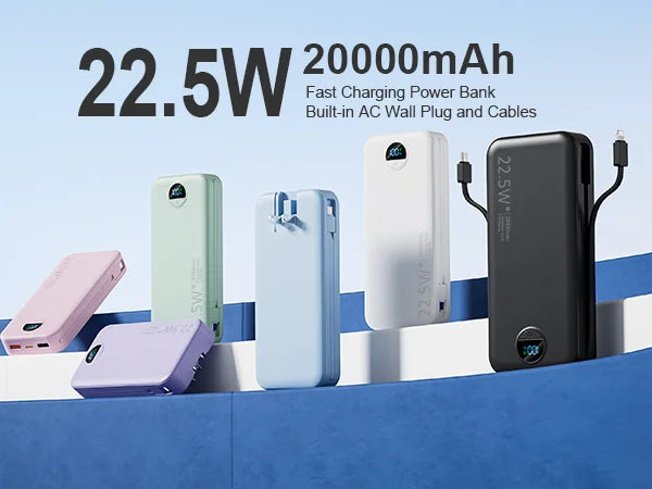 A row of various 20000mAh power banks in different colors, including pink, purple, green, and white, displayed on a blue surf
