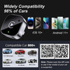 A black car adapter for wireless CarPlay and Android Auto, showing compatibility with 98% of cars.