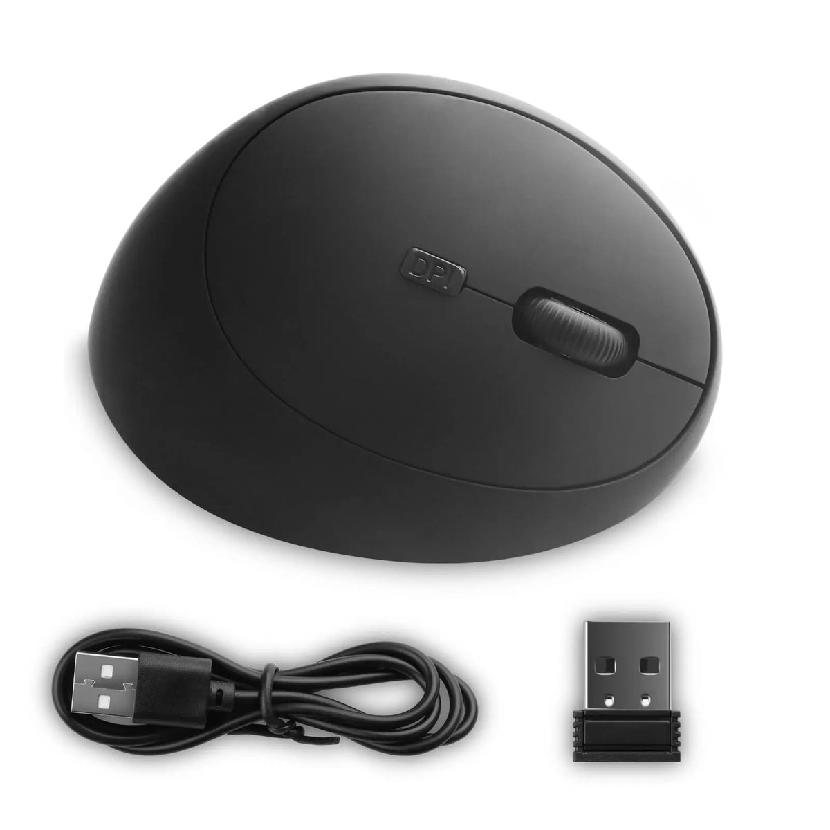 A black ergonomic vertical wireless gaming mouse shown with its cord and USB receiver.