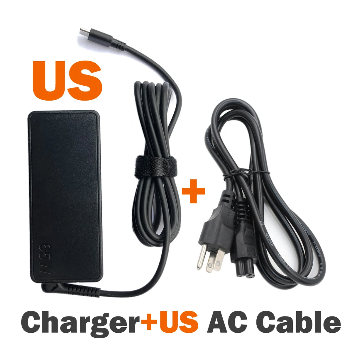 Black Charger+US AC cable with a USB-C connector and multiple cables.