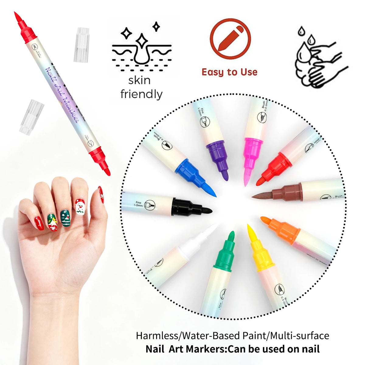 A set of multi-surface nail art markers and pens in various colors for detailed nail designs.
