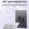 A silver magnetic ring holder is shown attached to an iPad, demonstrating its 360 degree magnetic grip.