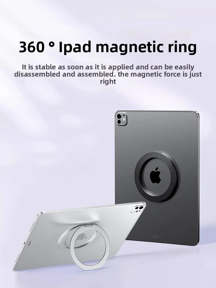 A silver magnetic ring holder is shown attached to an iPad, demonstrating its 360 degree magnetic grip.
