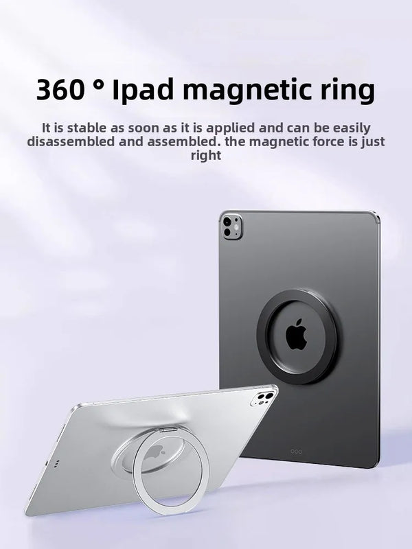 A silver magnetic ring holder is shown attached to an iPad, demonstrating its 360 degree magnetic grip.