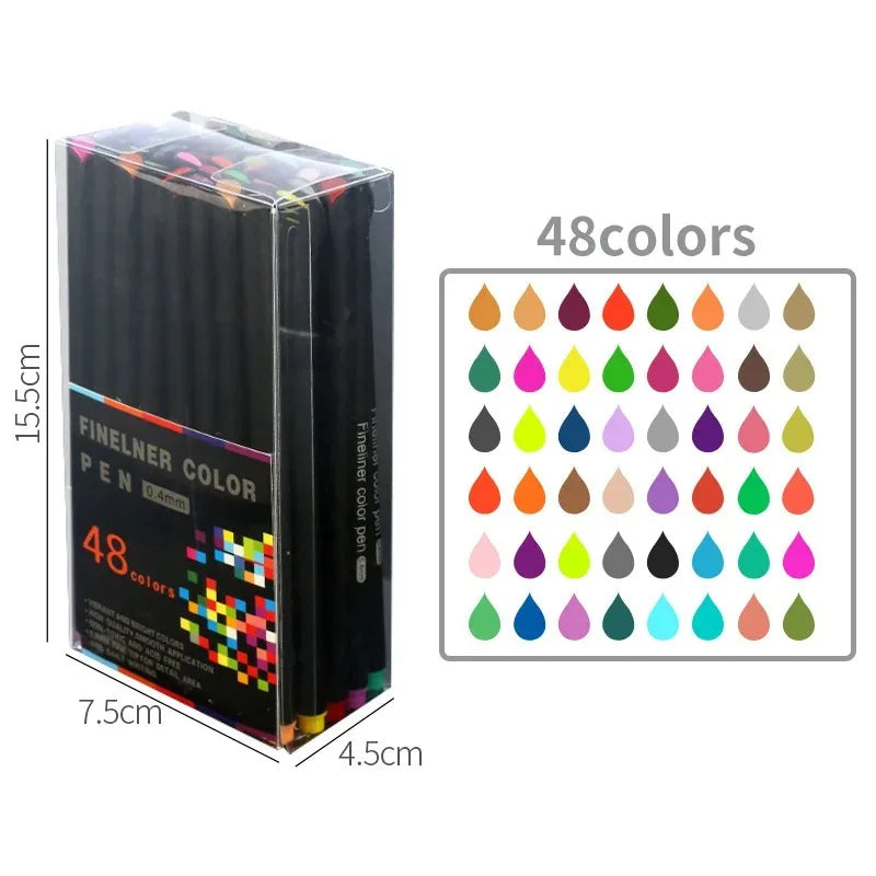 A box of fine line marker pens showing 48 colors, with a color palette display.