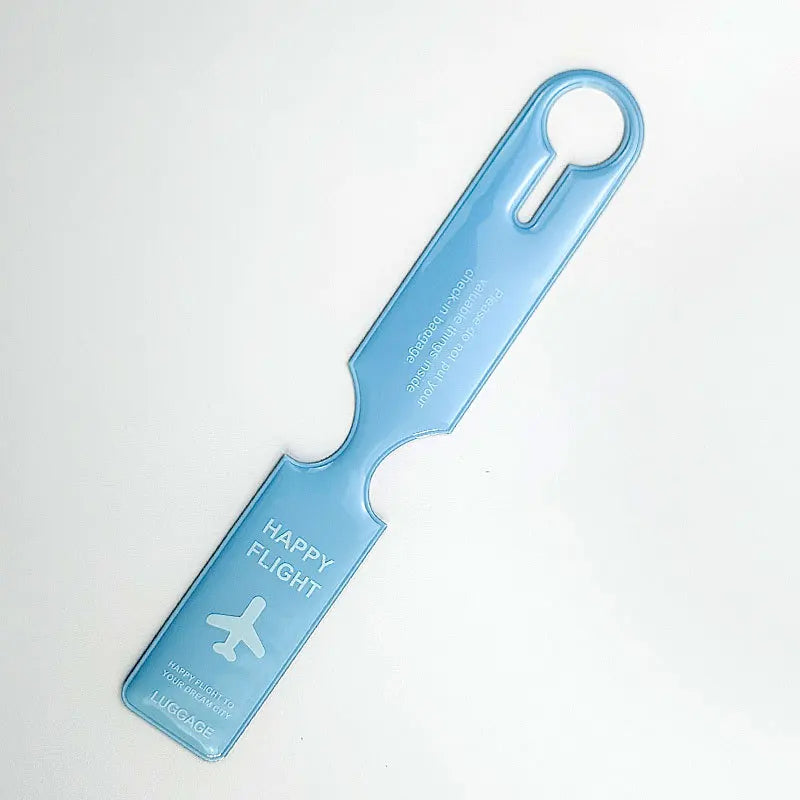 A light blue durable PVC luggage tag with a loop for travel identification.
