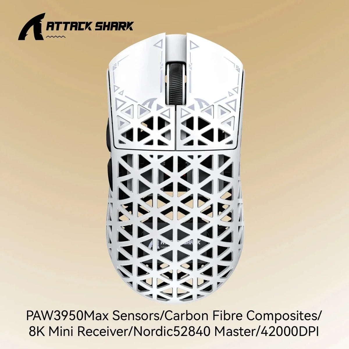 White Attack Shark PAW3950Max sensor carbon fibre wireless gaming mouse with Nordic receiver