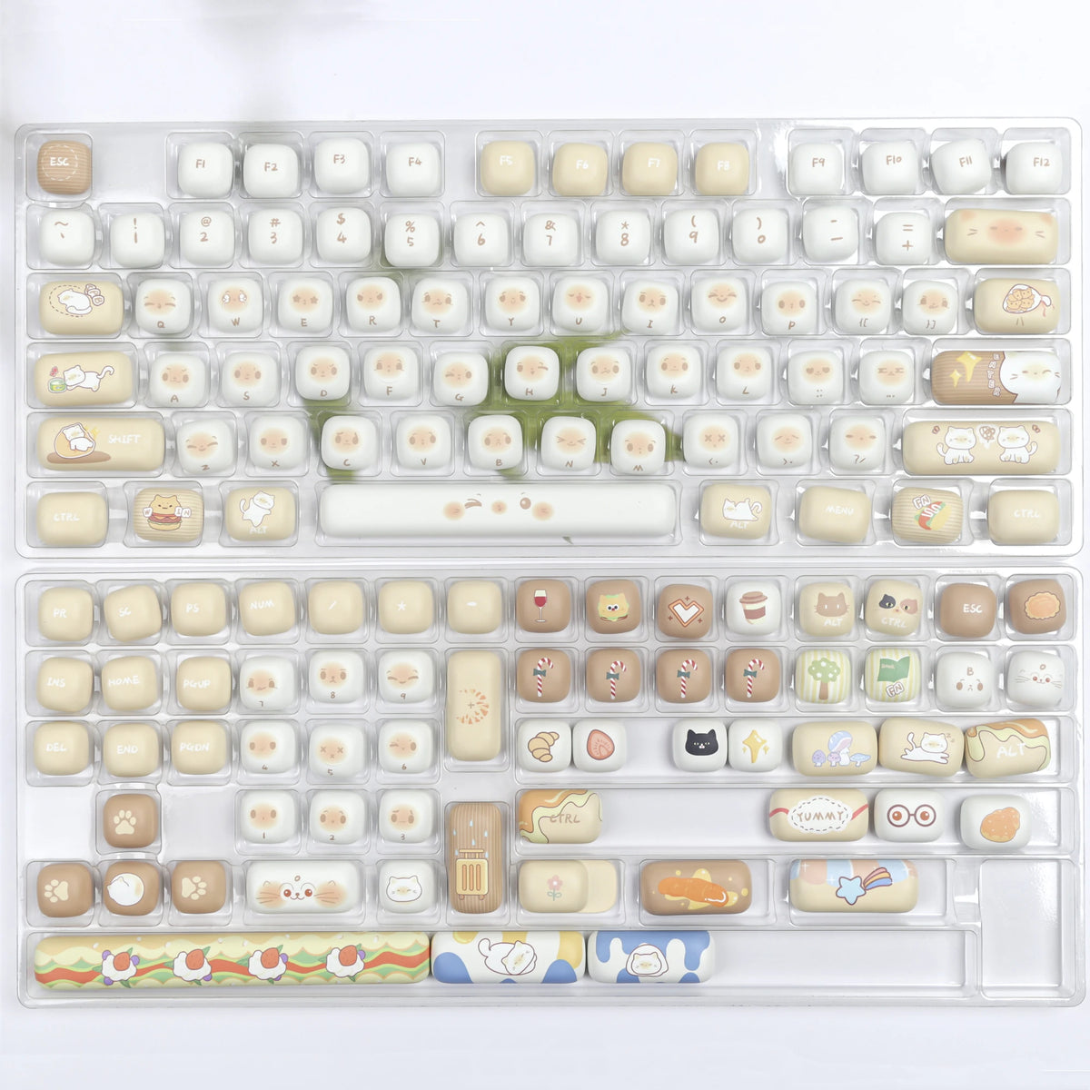 A plastic case filled with a colorful PBT keycaps set for mechanical keyboards.
