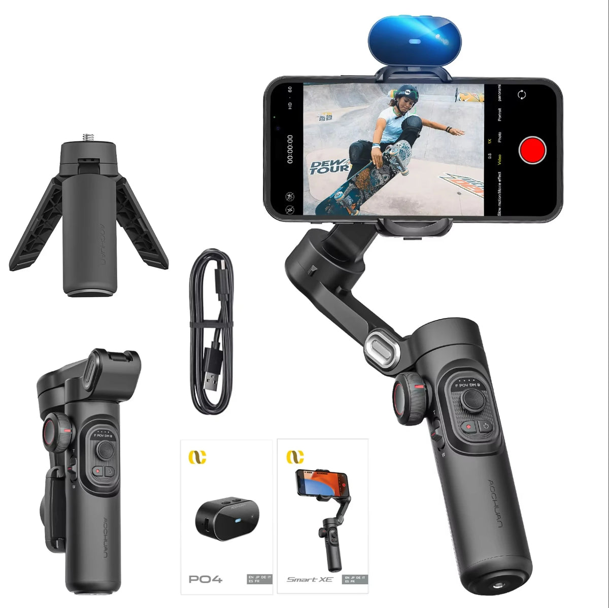 A black 3-axis gimbal stabilizer for a smartphone is shown with its components and mounting options.