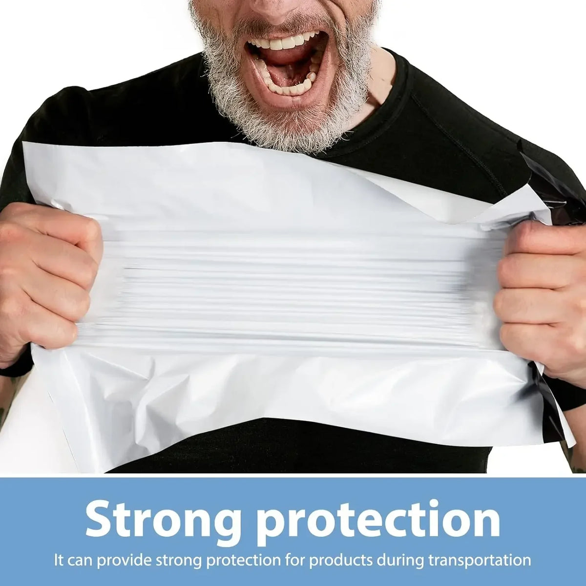 A man holds a stack of white self-seal poly mailers against his black shirt, demonstrating strong protection for products dur