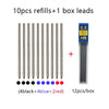 A set of 10 refills and 1 box of HB leads for a 4-in-1 gravity sensor multicolor ballpoint pen with mechanical pencil.