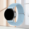 A light blue knitted nylon watch strap is shown next to a black smartwatch face.