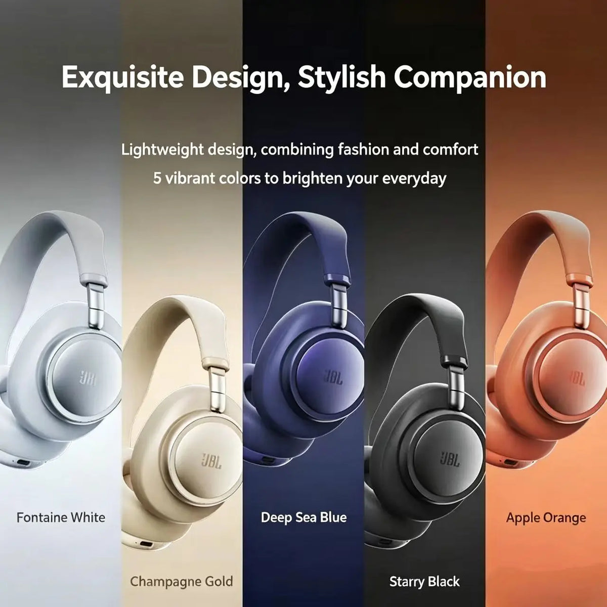 A lineup of JBL headphones in various colors including Fontaine White, Champagne Gold, Deep Sea Blue, Starry Black, and Apple
