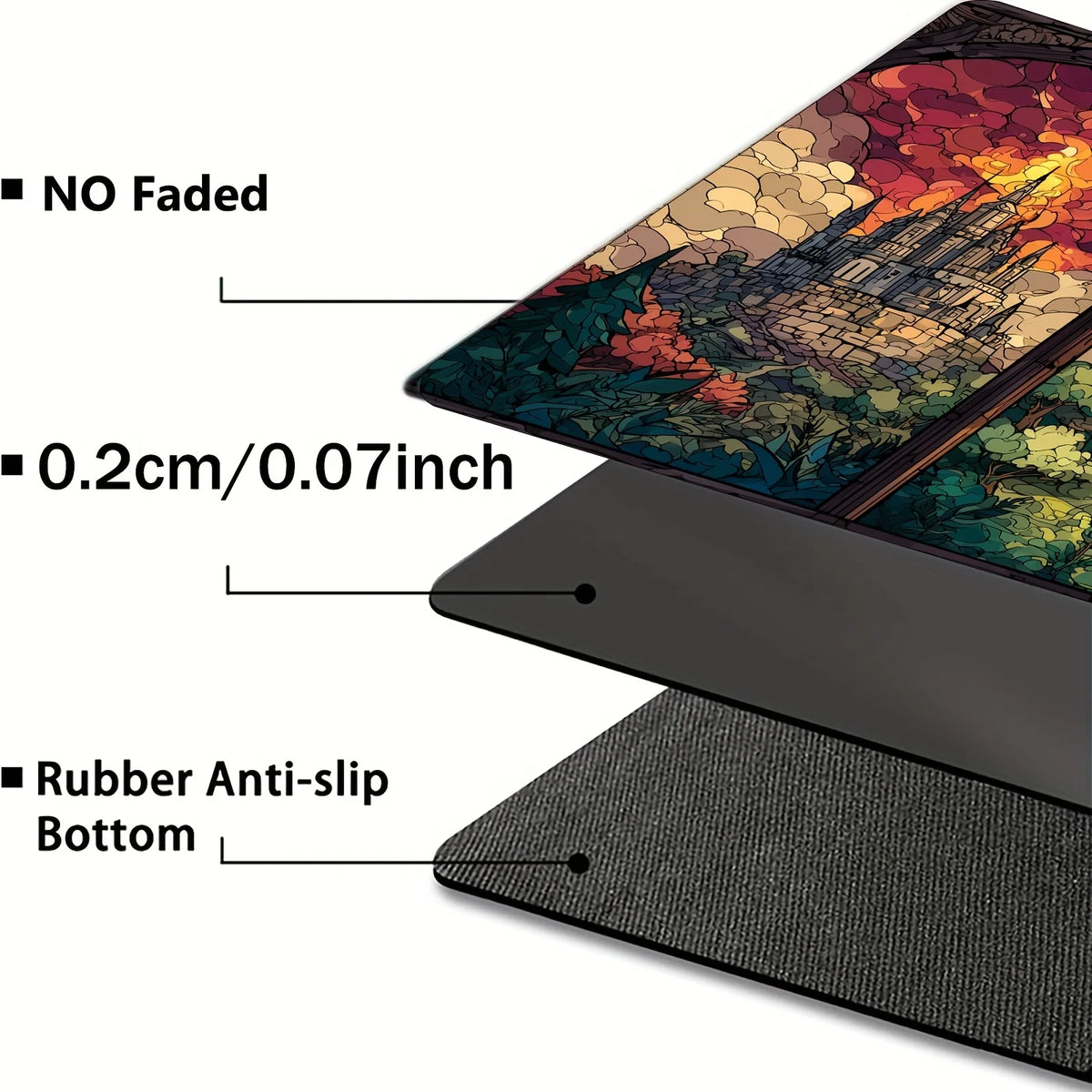 A stack of gaming mouse pads showing layers including a stained glass art print, a 0.2cm thick layer, and a rubber anti-slip 