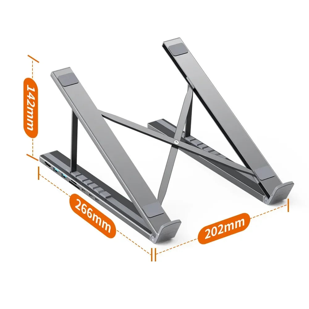 A silver USB-C docking station with an adjustable laptop stand shown from above and a side view.