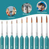 A set of six professional miniature paint brushes with ergonomic handles shown in various shades of teal and green.