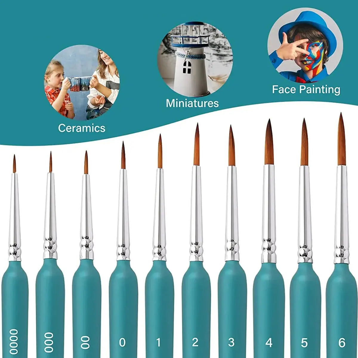 A set of six professional miniature paint brushes with ergonomic handles shown in various shades of teal and green.