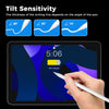 A hand holds a white stylus pen over a tablet screen displaying a digital clock and tilt sensitivity options.