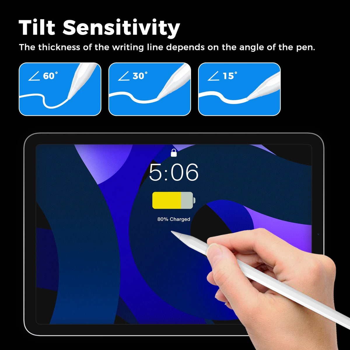 A hand holds a white stylus pen over a tablet screen displaying a digital clock and tilt sensitivity options.