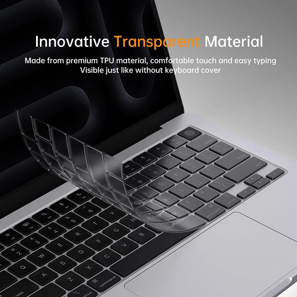 A transparent TPU hard shell keyboard cover for a MacBook Pro laptop.