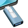 A silver and blue 4-in-1 USB 3.0 flash drive connector for iPhone, Android, and computers.