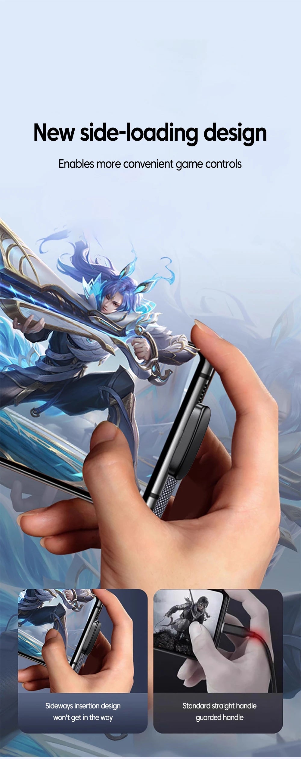 Une main tient un smartphone avec une nouvelle conception à chargement latéral, démontrant des commandes de jeu pratiques.