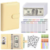 A beige A6 PU leather budget binder with cash envelopes and a sheet of paper.