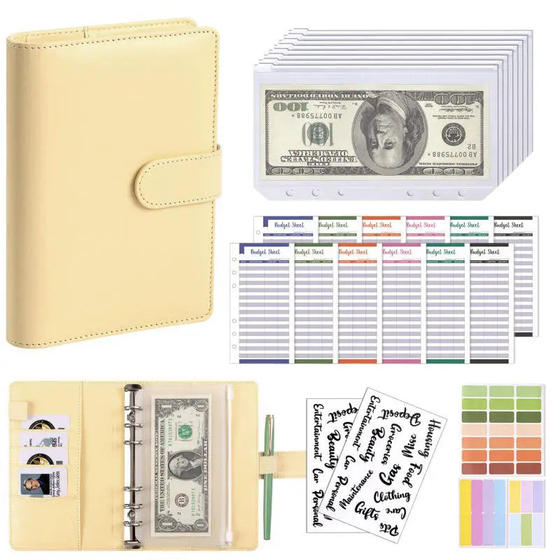 A beige A6 PU leather budget binder with cash envelopes and a sheet of paper.