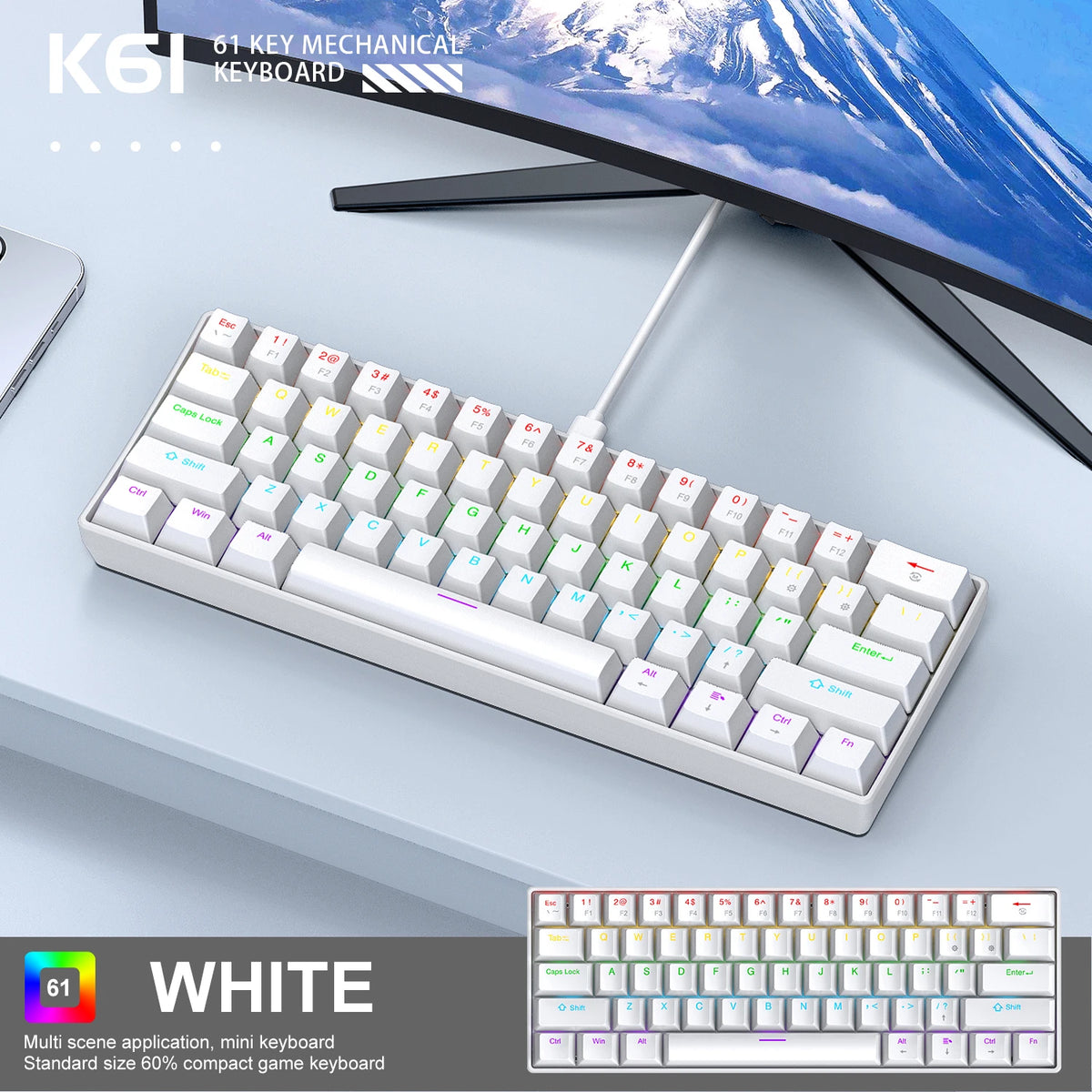 A white 61 key mechanical keyboard is shown on a desk next to a computer monitor.