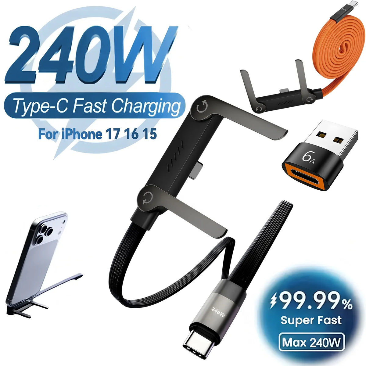 Black Type-C fast charging cable with a folding stand for iPhone 17 16 15 devices