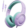Purple kids wired headphones with teal earcups and a purple cord shown against a white background.