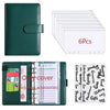 A green leather cover for an A6 budget planner with a clear envelope system and multiple pages.