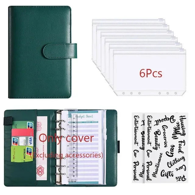 A green leather cover for an A6 budget planner with a clear envelope system and multiple pages.