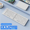 Ivory white Bluetooth keyboard shown next to a tablet and various device icons.