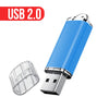 A blue metal USB 2.0 flash drive with a silver connector and cap.